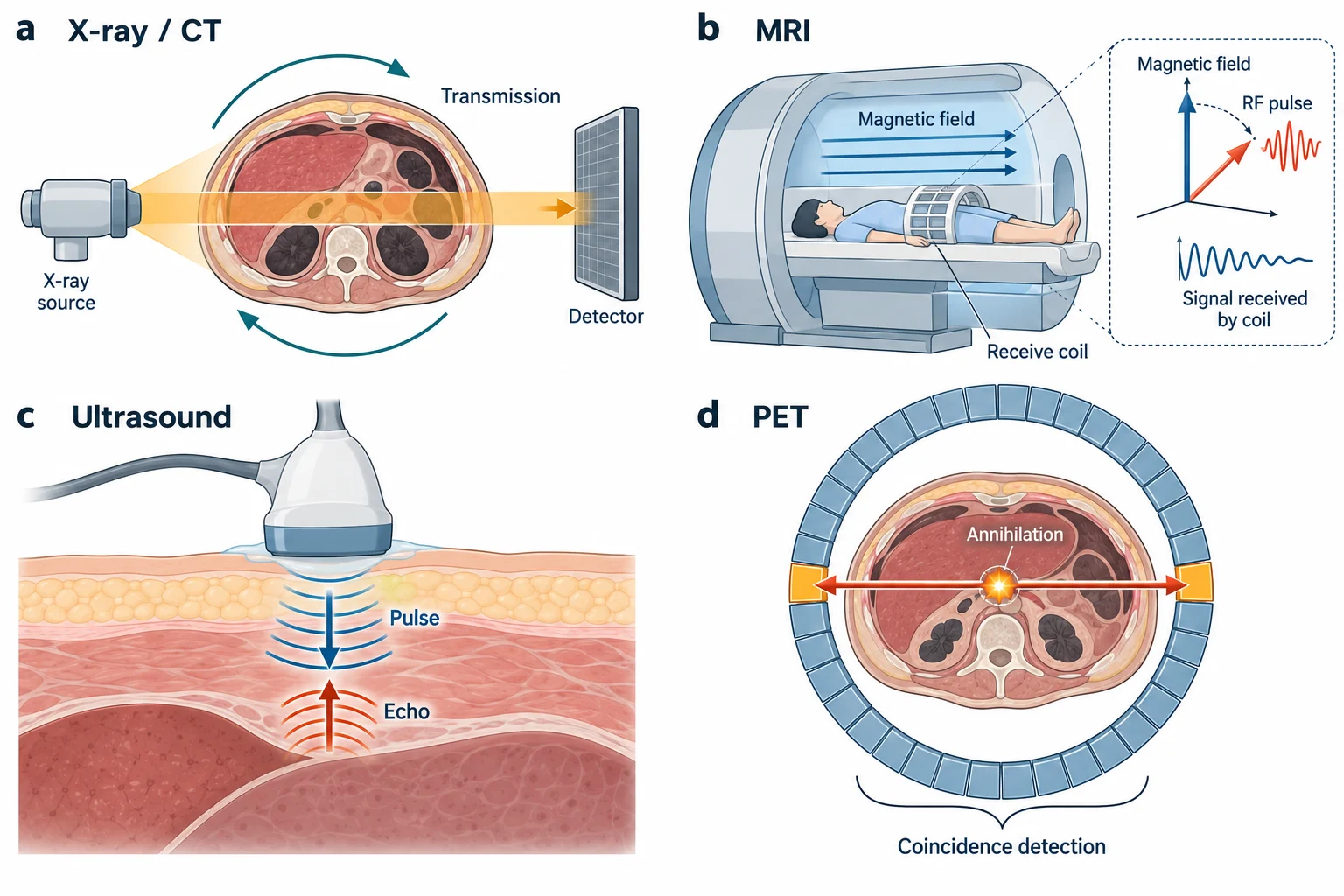 แผนภาพสี่ส่วนแสดงหลักการ X-ray CT MRI Ultrasound และ PET