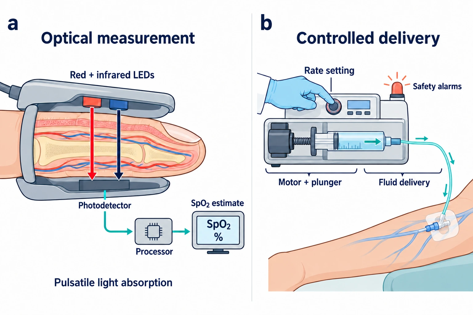 แผนผังเปรียบเทียบหัววัดออกซิเจนแบบแสงผ่านนิ้วกับเครื่อง syringe pump ที่ส่งของเหลวผ่านสายเข้าสู่หลอดเลือด
