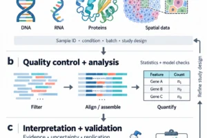 ภาพแนวคิด Bioinformatics แสดง DNA, RNA, โปรตีน และข้อมูลเชิงพื้นที่ ผ่านการตรวจคุณภาพ การจัดเรียงลำดับและนับข้อมูล ก่อนตีความ ตรวจสอบผล และปรับแผนการศึกษา