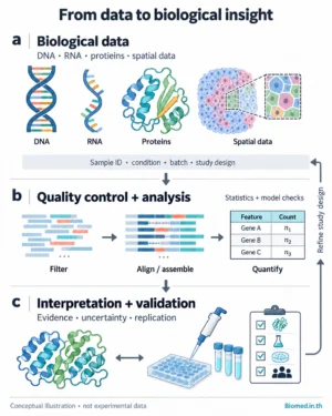 ภาพแนวคิด Bioinformatics แสดง DNA, RNA, โปรตีน และข้อมูลเชิงพื้นที่ ผ่านการตรวจคุณภาพ การจัดเรียงลำดับและนับข้อมูล ก่อนตีความ ตรวจสอบผล และปรับแผนการศึกษา