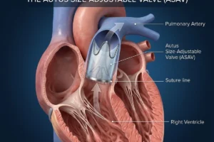 ภาพจำลองสามมิติลิ้นหัวใจ Autus Size-Adjustable Valve ในตำแหน่งลิ้นหัวใจพัลโมนารี