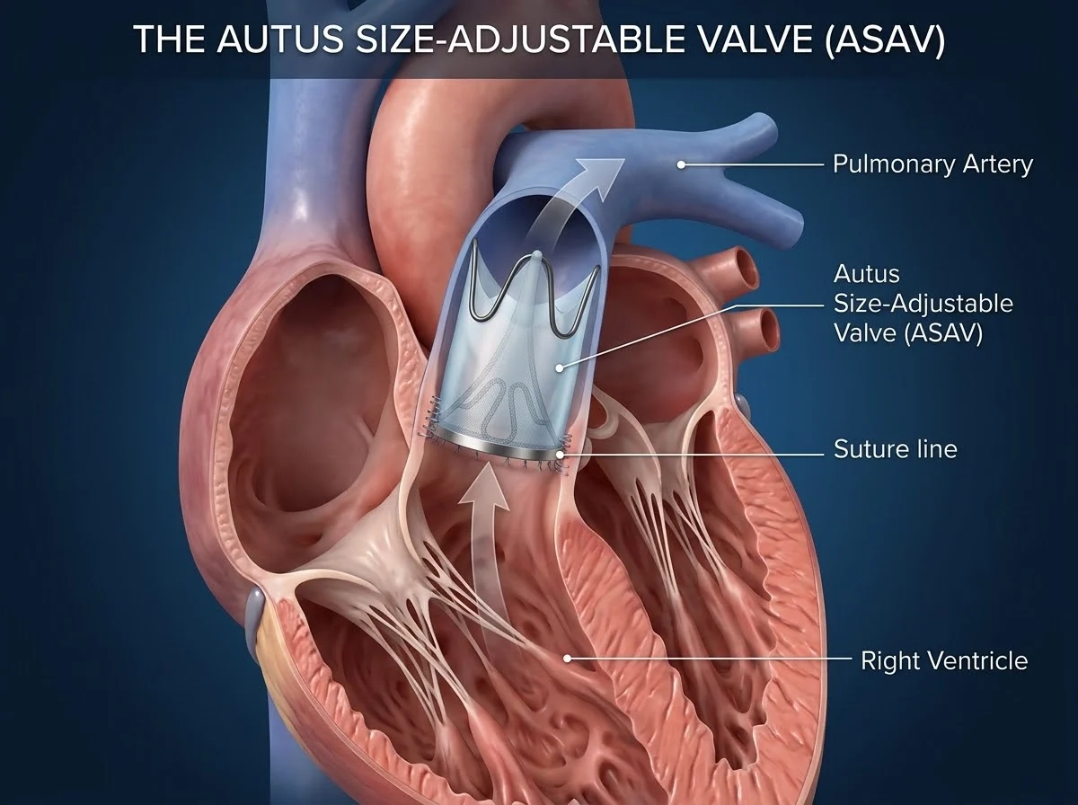 ภาพจำลองสามมิติลิ้นหัวใจ Autus Size-Adjustable Valve ในตำแหน่งลิ้นหัวใจพัลโมนารี