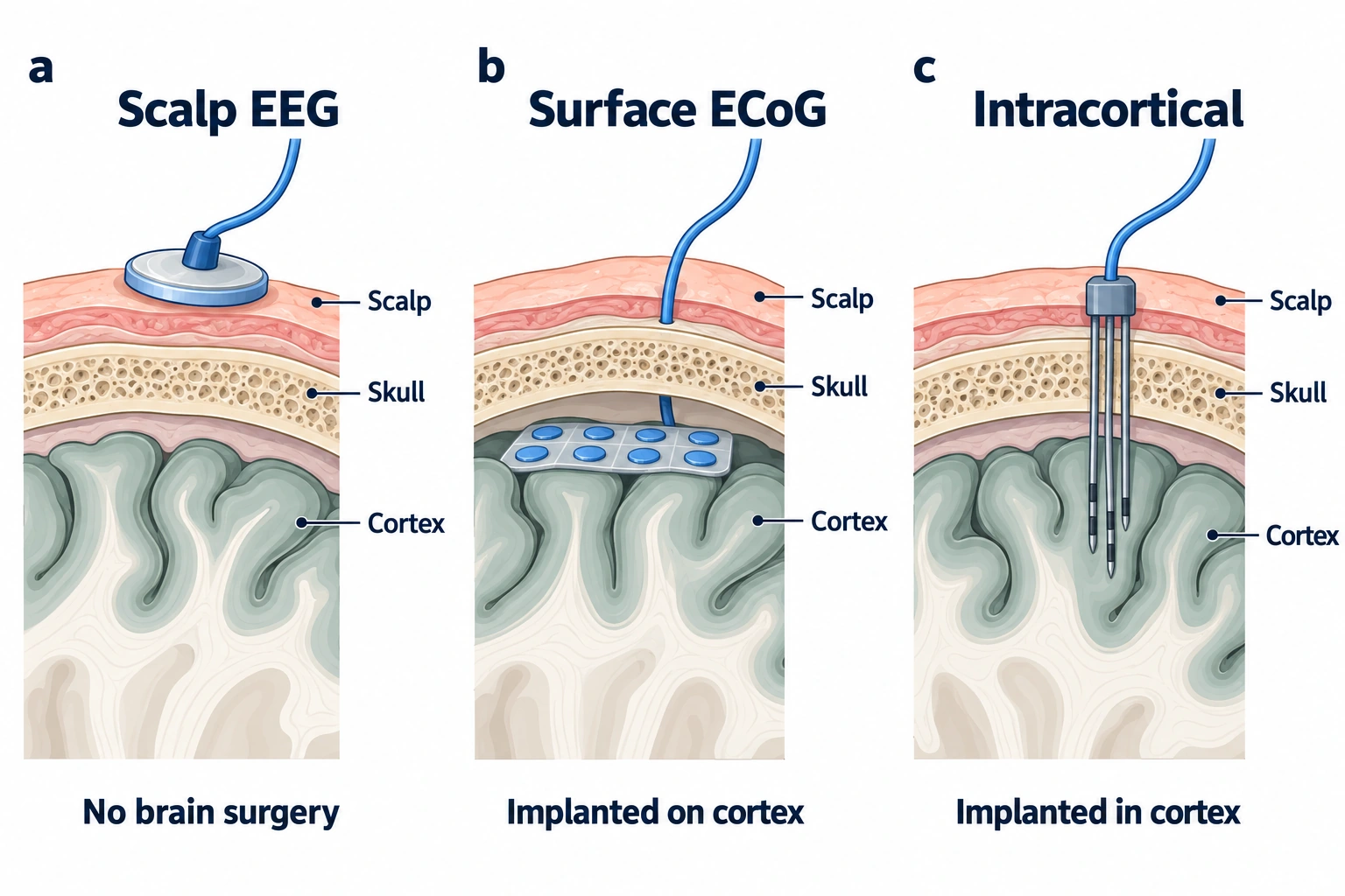 เปรียบเทียบขั้วไฟฟ้า EEG บนหนังศีรษะ ECoG บนผิวสมอง และขั้วไฟฟ้าที่สอดเข้าในเปลือกสมอง
