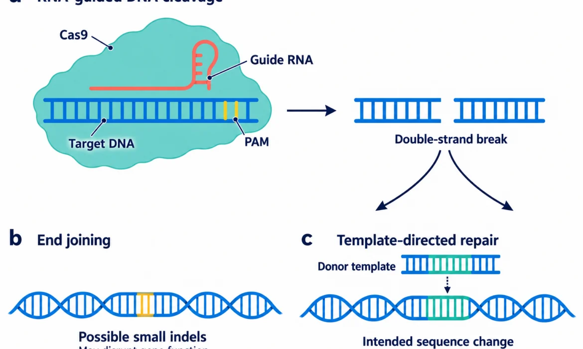 แผนผัง Cas9 และ RNA นำทางจับ DNA เป้าหมายใกล้ PAM ทำให้เกิดรอยตัดสองสาย แล้วแยกเป็นการเชื่อมปลาย DNA หรือการซ่อมโดยอาศัยแม่แบบ
