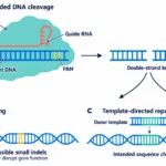 แผนผัง Cas9 และ RNA นำทางจับ DNA เป้าหมายใกล้ PAM ทำให้เกิดรอยตัดสองสาย แล้วแยกเป็นการเชื่อมปลาย DNA หรือการซ่อมโดยอาศัยแม่แบบ