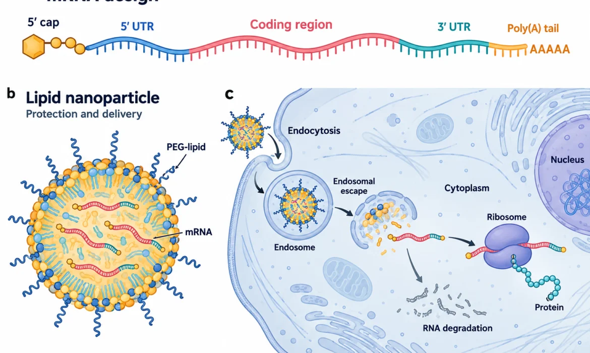 โครงสร้าง mRNA อนุภาคไขมันนำส่ง และการปล่อย mRNA ในไซโทพลาซึมเพื่อสร้างโปรตีนที่ไรโบโซม