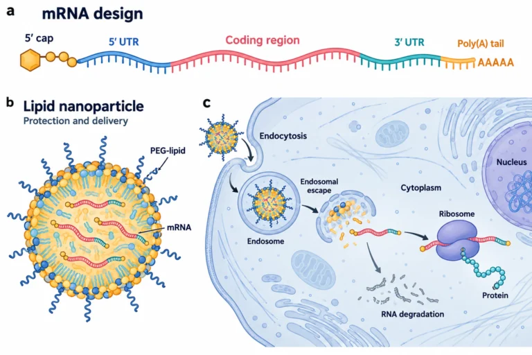 โครงสร้าง mRNA อนุภาคไขมันนำส่ง และการปล่อย mRNA ในไซโทพลาซึมเพื่อสร้างโปรตีนที่ไรโบโซม