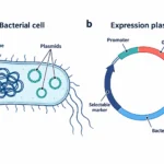 แผนผังแบคทีเรียที่มีโครโมโซมและพลาสมิดแยกกัน และแผนที่ expression plasmid แสดง promoter ยีนเป้าหมาย terminator จุดเริ่มจำลอง DNA และยีนคัดเลือก