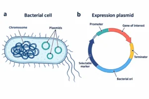 แผนผังแบคทีเรียที่มีโครโมโซมและพลาสมิดแยกกัน และแผนที่ expression plasmid แสดง promoter ยีนเป้าหมาย terminator จุดเริ่มจำลอง DNA และยีนคัดเลือก