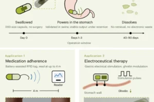 ภาพสรุปแบตเตอรี่ Mg–MoO₃ ในแคปซูล พร้อมการประยุกต์กับแท็ก RFID และการกระตุ้นกระเพาะอาหาร