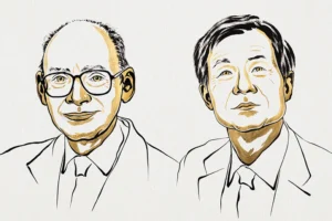 Henri B. Kagan อยู่ด้านซ้าย และ Kenso Soai อยู่ด้านขวา ในภาพวาดผู้ได้รับรางวัลโนเบลเคมี 2026