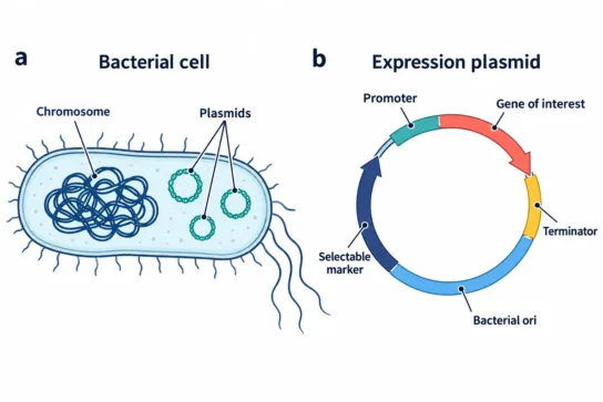 แผนผังแบคทีเรียที่มีโครโมโซมและพลาสมิดแยกกัน และแผนที่ expression plasmid แสดง promoter ยีนเป้าหมาย terminator จุดเริ่มจำลอง DNA และยีนคัดเลือก