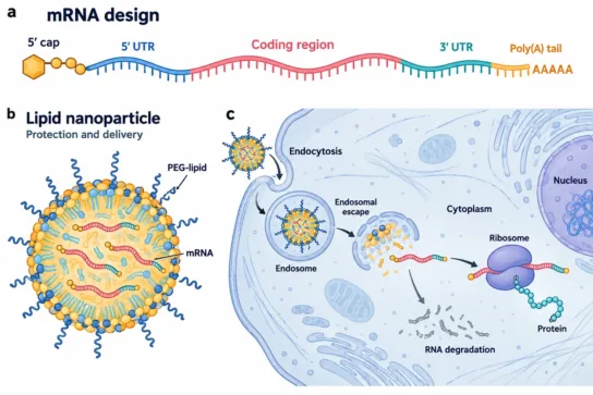 โครงสร้าง mRNA อนุภาคไขมันนำส่ง และการปล่อย mRNA ในไซโทพลาซึมเพื่อสร้างโปรตีนที่ไรโบโซม